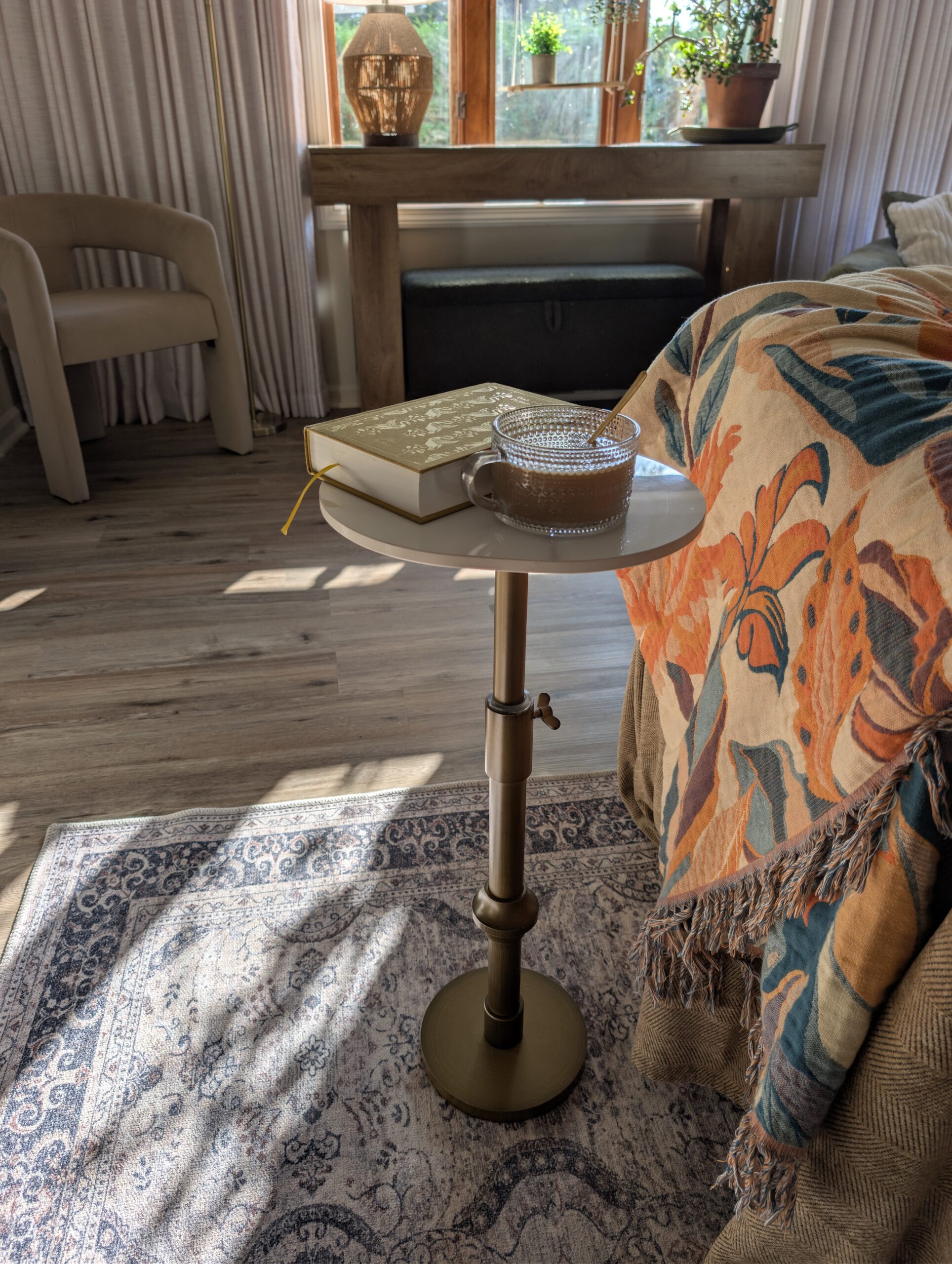 neutral cozy home decor with warm wood tones and soft natural light