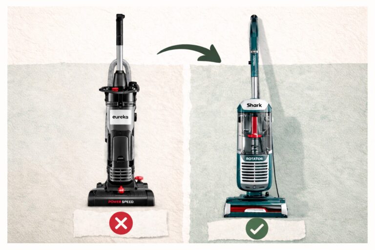 Side-by-side comparison of Eureka PowerSpeed vacuum and Shark Rotator vacuum, showing the budget vacuum I returned and the Shark vacuum I bought instead