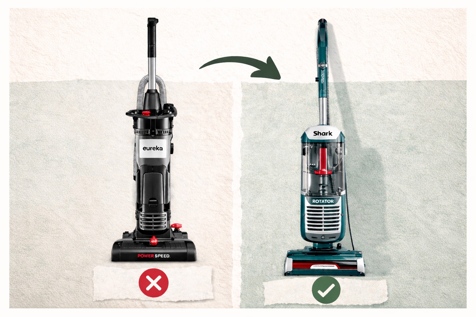 Side-by-side comparison of Eureka PowerSpeed vacuum and Shark Rotator vacuum, showing the budget vacuum I returned and the Shark vacuum I bought instead