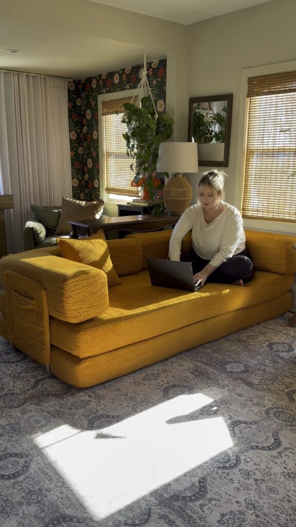 Budget couch fully assembled immediately after unboxing before final expansion