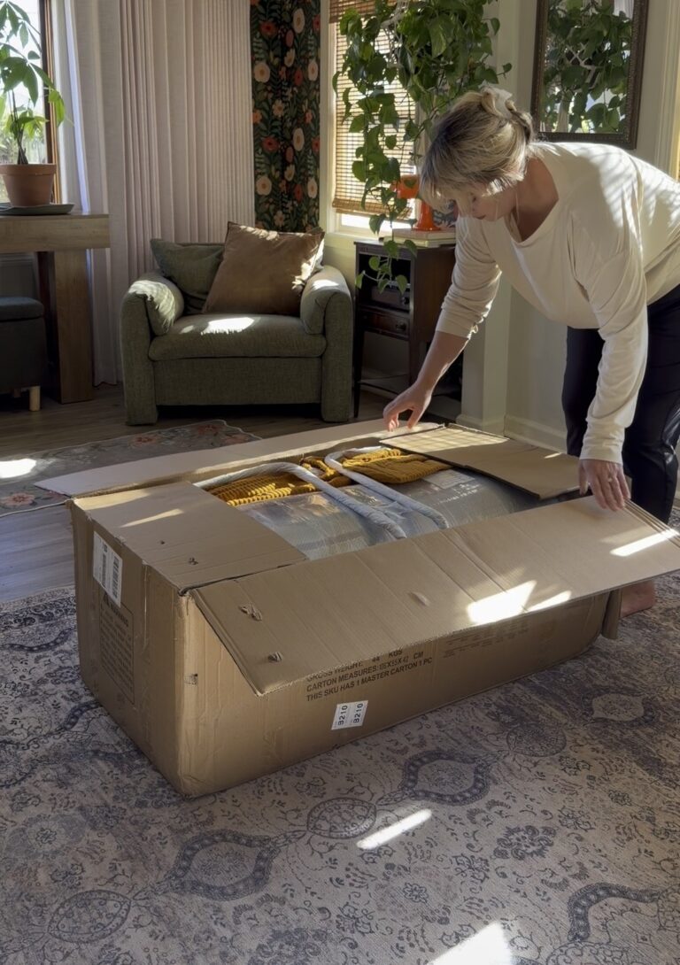 Vacuum-sealed couch review showing sofa after expanding from plastic packaging