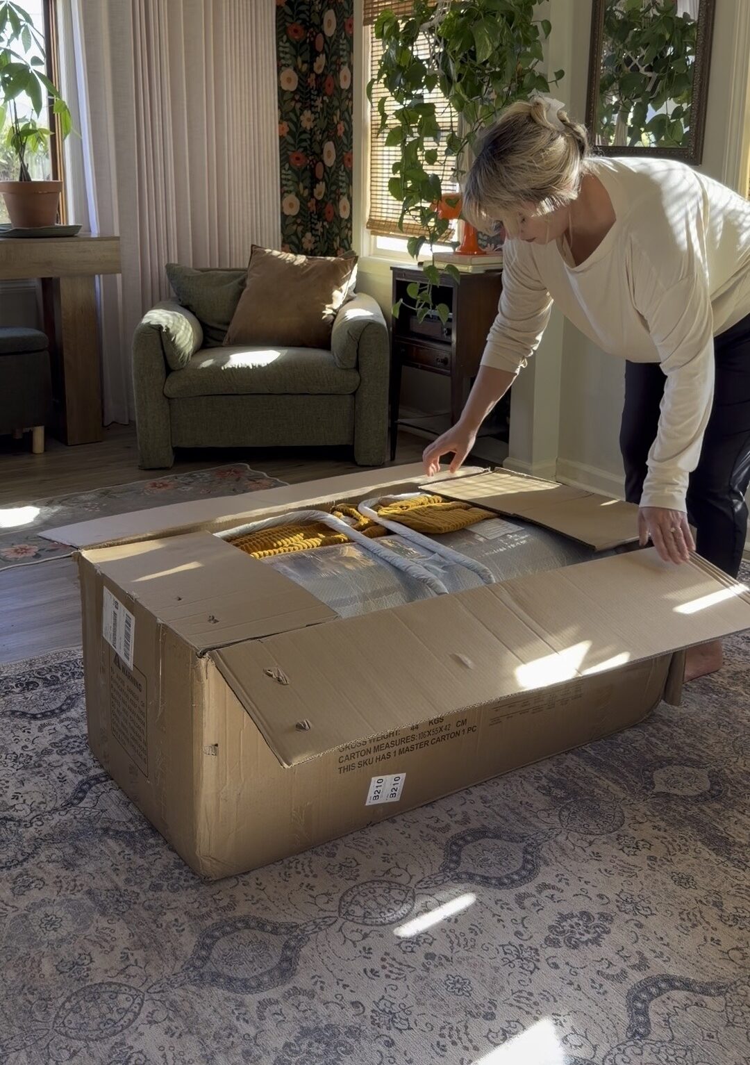 Vacuum-sealed couch review showing sofa after expanding from plastic packaging