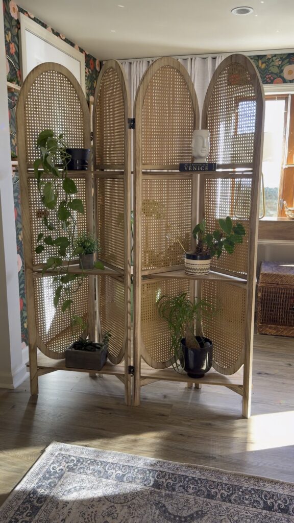 Woven wood privacy screen with curved panels and greenery adding texture to a boho living room