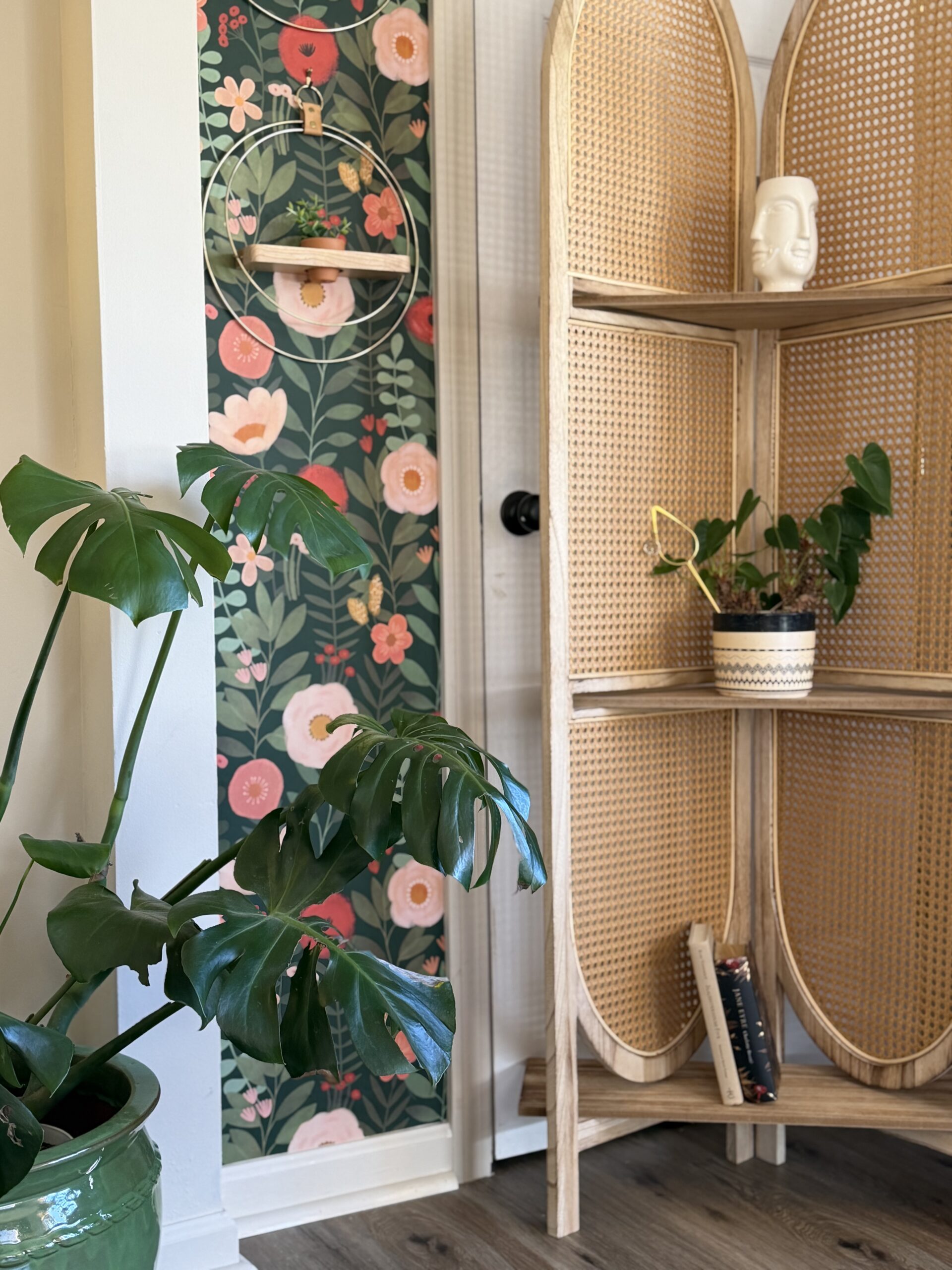 floral wallpaper accent wall