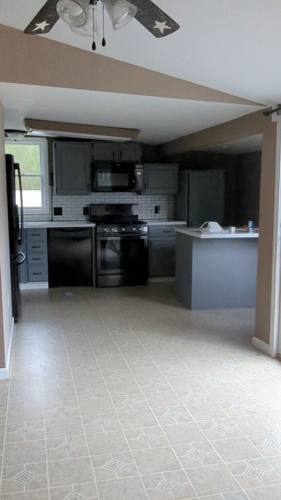 kitchen before photo with gray cabinets, vinyl flooring, and basic layout